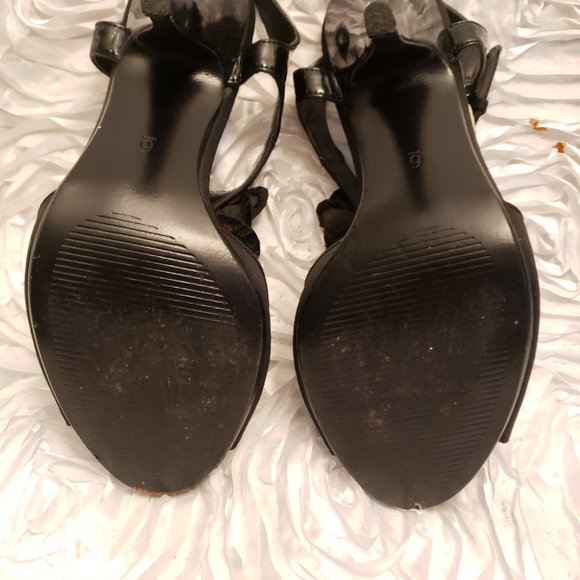 Kelly & Katie Black Satin Ruffle T-Strap Strappy Open Toe Heels Women's Size 6 - Picture 9 of 9
